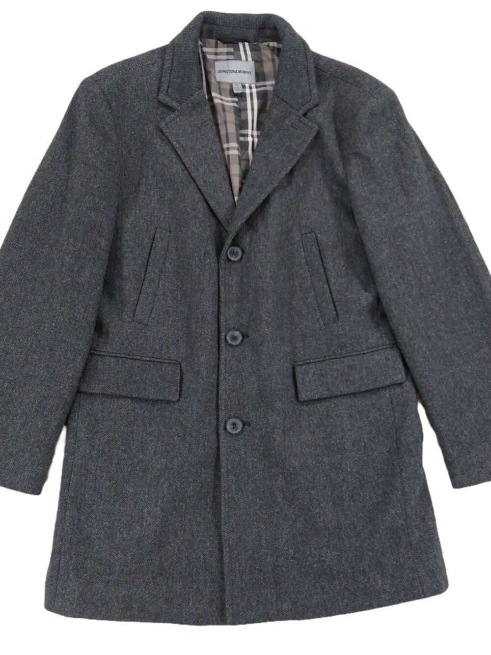 Johnston & Murphy Overcoat Mens XL Tweed Herringbone Wool Grey Coat, Plaid Lined